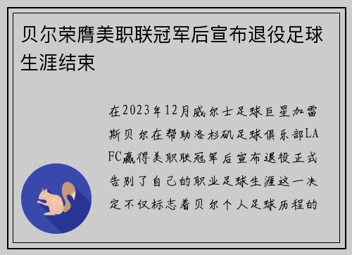 贝尔荣膺美职联冠军后宣布退役足球生涯结束 贝尔荣膺美职联冠军后宣布退役足球生涯结束